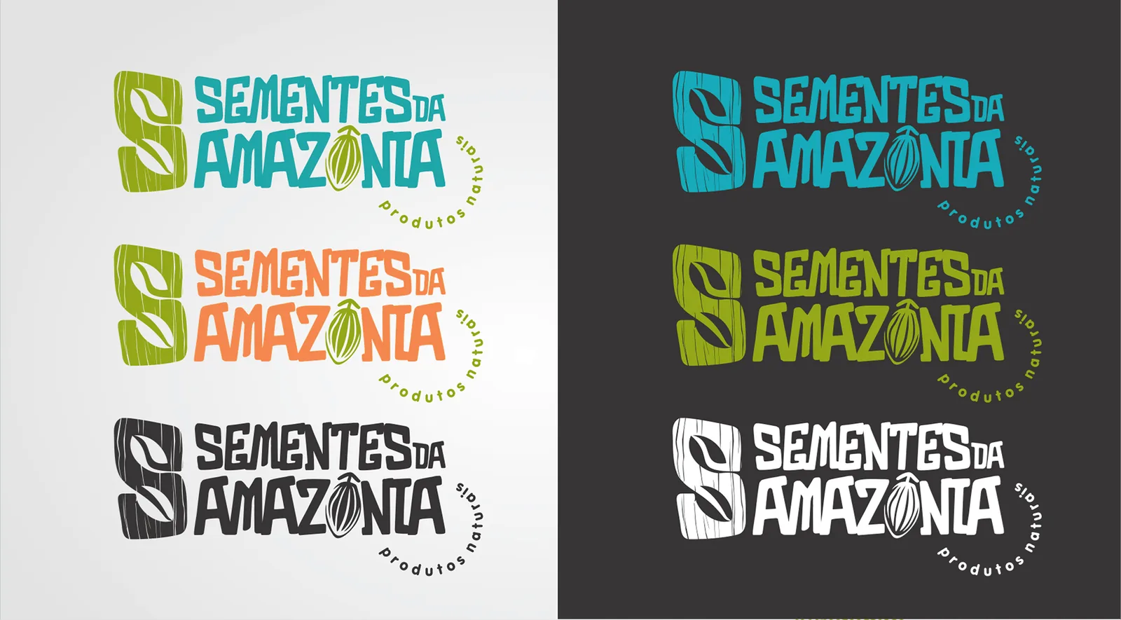 Sementes da Amazônia: Versões para fundo claro e escuro, em cor e em uma cor só.