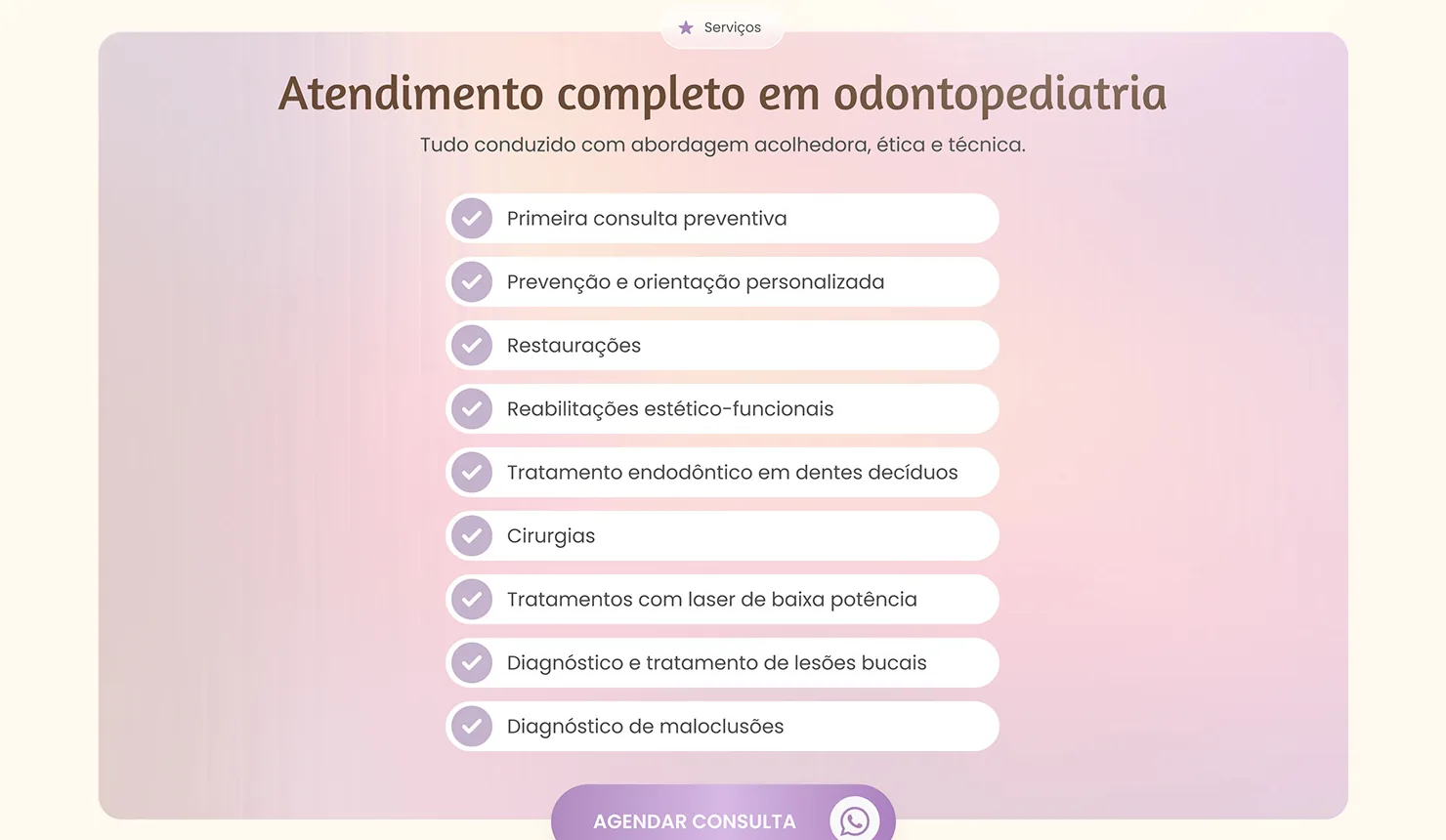 Dra. Betina Aguiar: Todos os serviços numa lista simples, fácil de ler no celular.