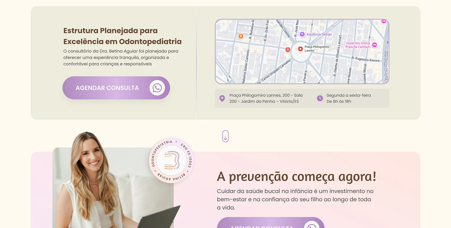 Dra. Betina Aguiar: Onde fica o consultório e o convite final, com o mesmo botão de agendamento.