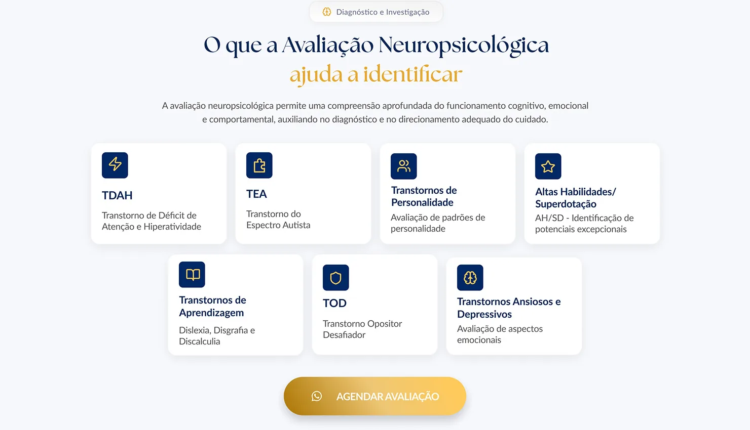 Daiane Assencio: O que a avaliação ajuda a identificar, em cards curtos.