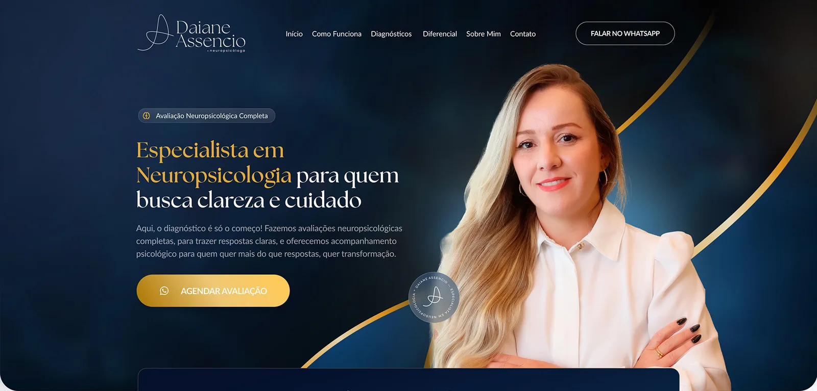 Daiane Assencio: A primeira tela: quem é, o que faz e o botão para agendar.