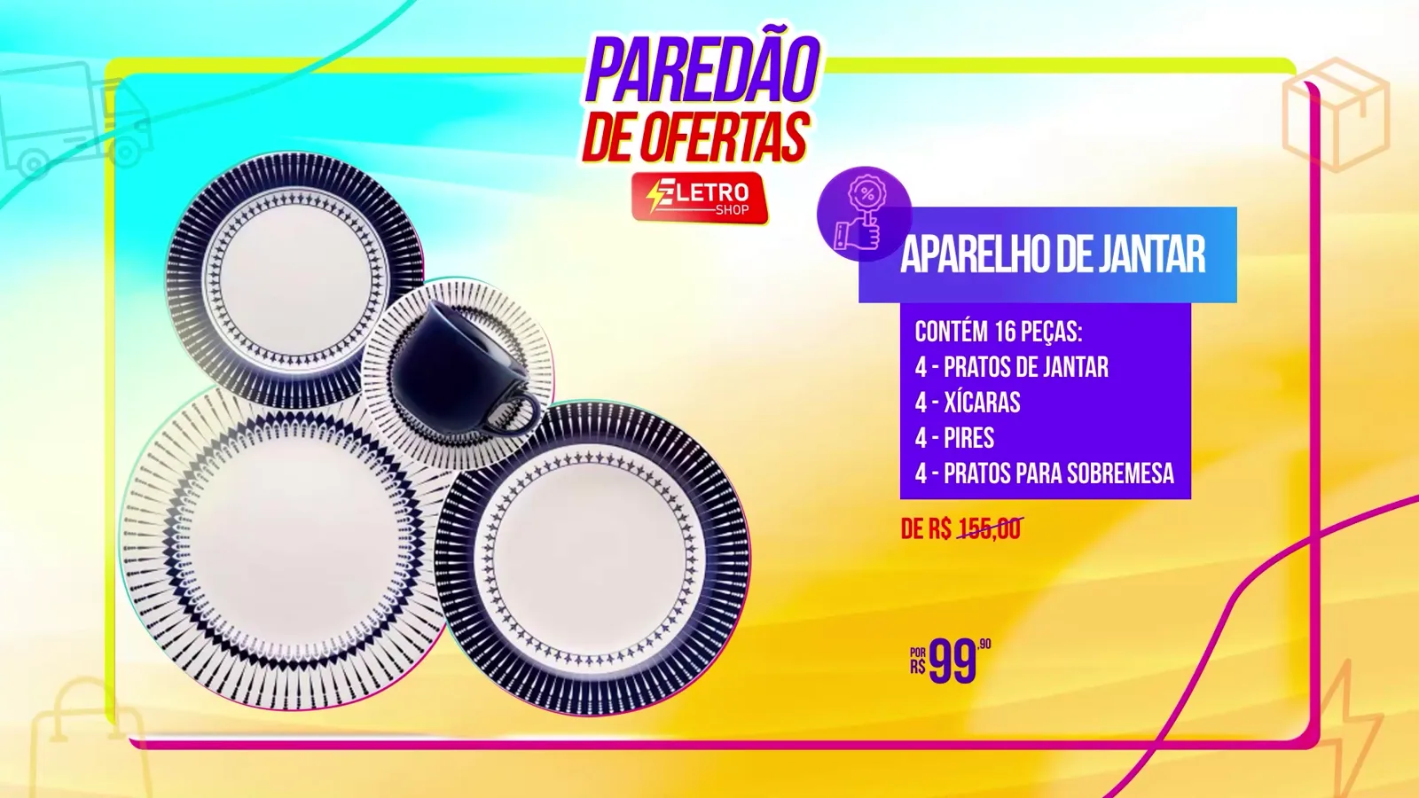 Eletro Shop: Vídeo do Paredão de Ofertas: um produto por vez, com o preço de e por.