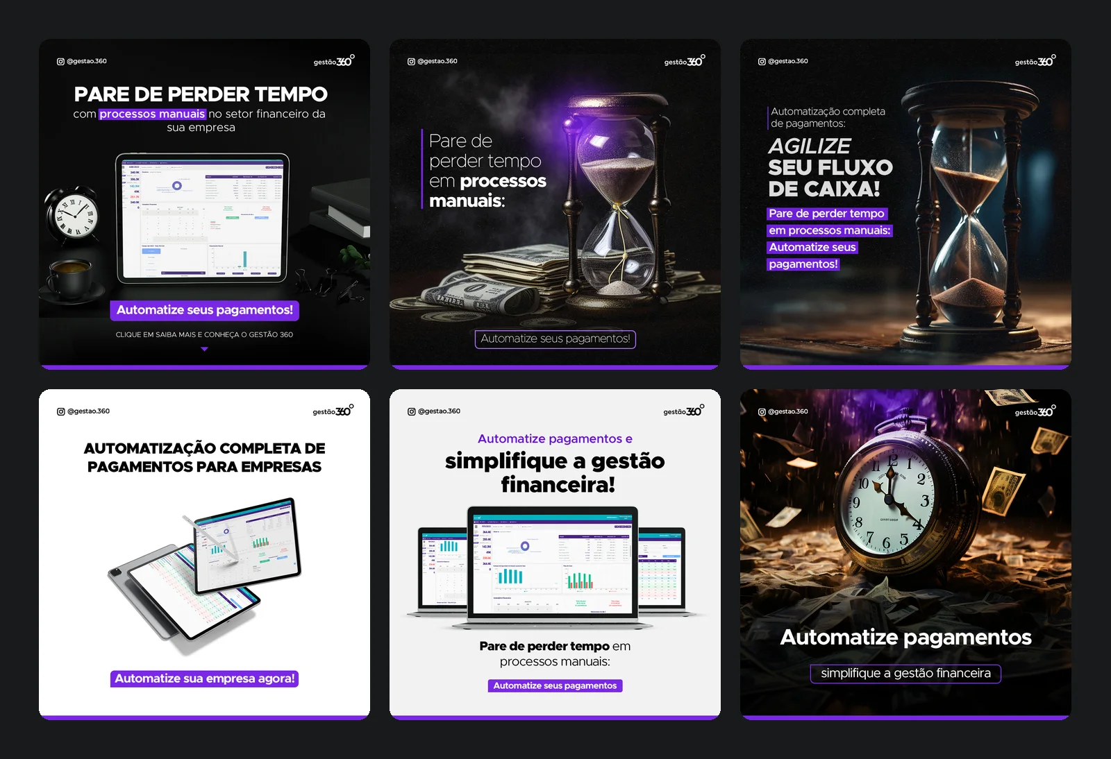 Gestão 360 · Anúncios: As três headlines, cada uma com a plataforma real ou com uma imagem que fala de tempo.