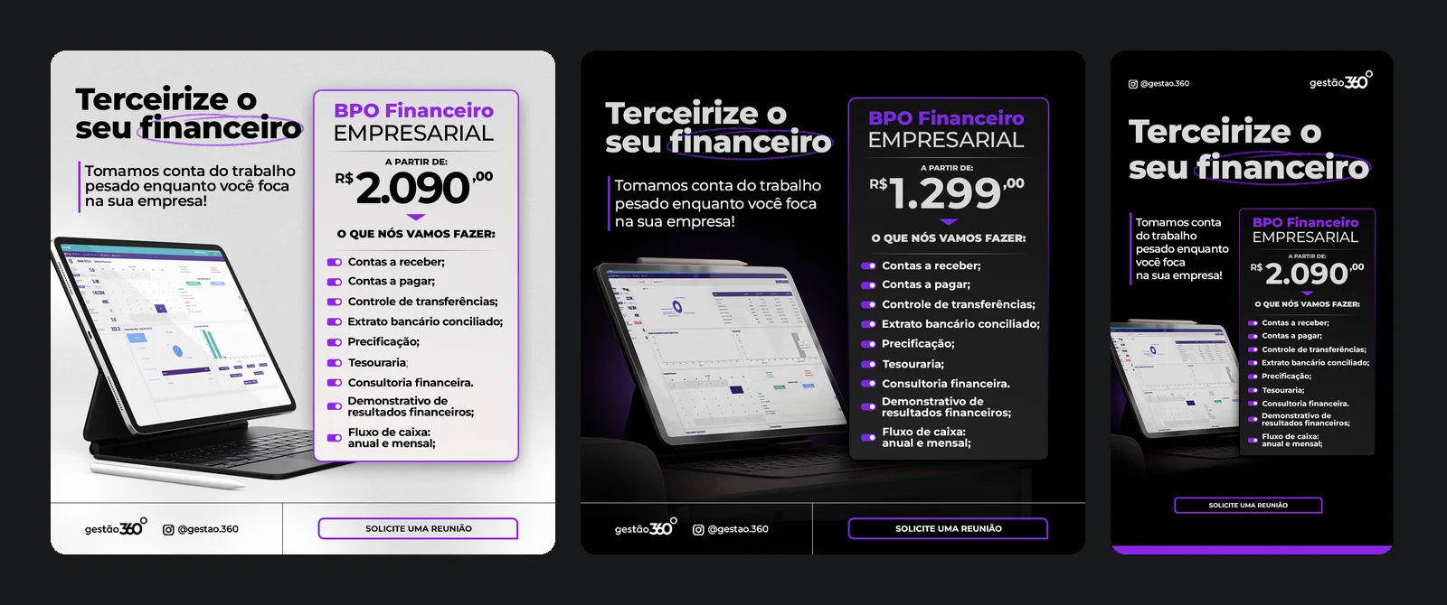 Gestão 360 · Anúncios: Terceirize o seu financeiro: preço, o que está incluído e o pedido de reunião na mesma peça.
