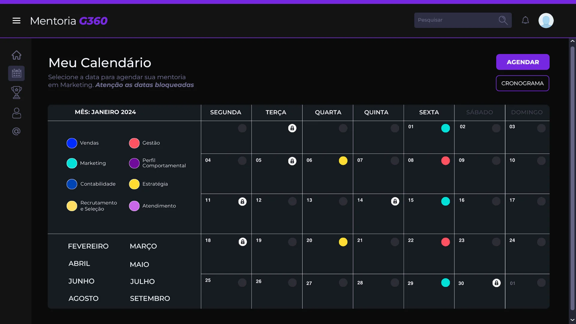 Mentoria G360: Calendário com as datas de cada área por cor e o botão para agendar.