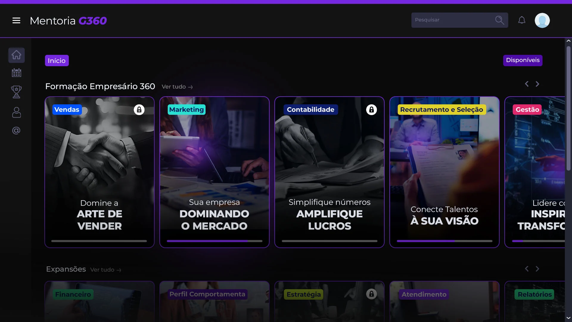 Mentoria G360: Início: cada área da formação é um card com imagem, título curto e barra de progresso.