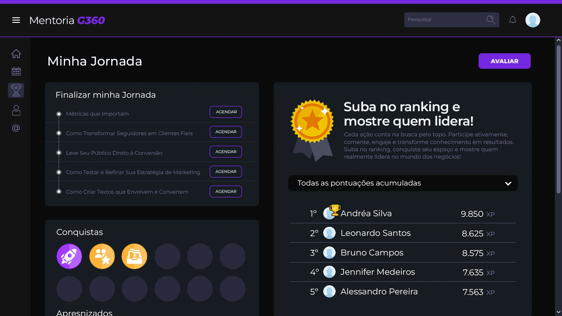 Mentoria G360: Minha Jornada: as próximas aulas, as conquistas e o ranking.