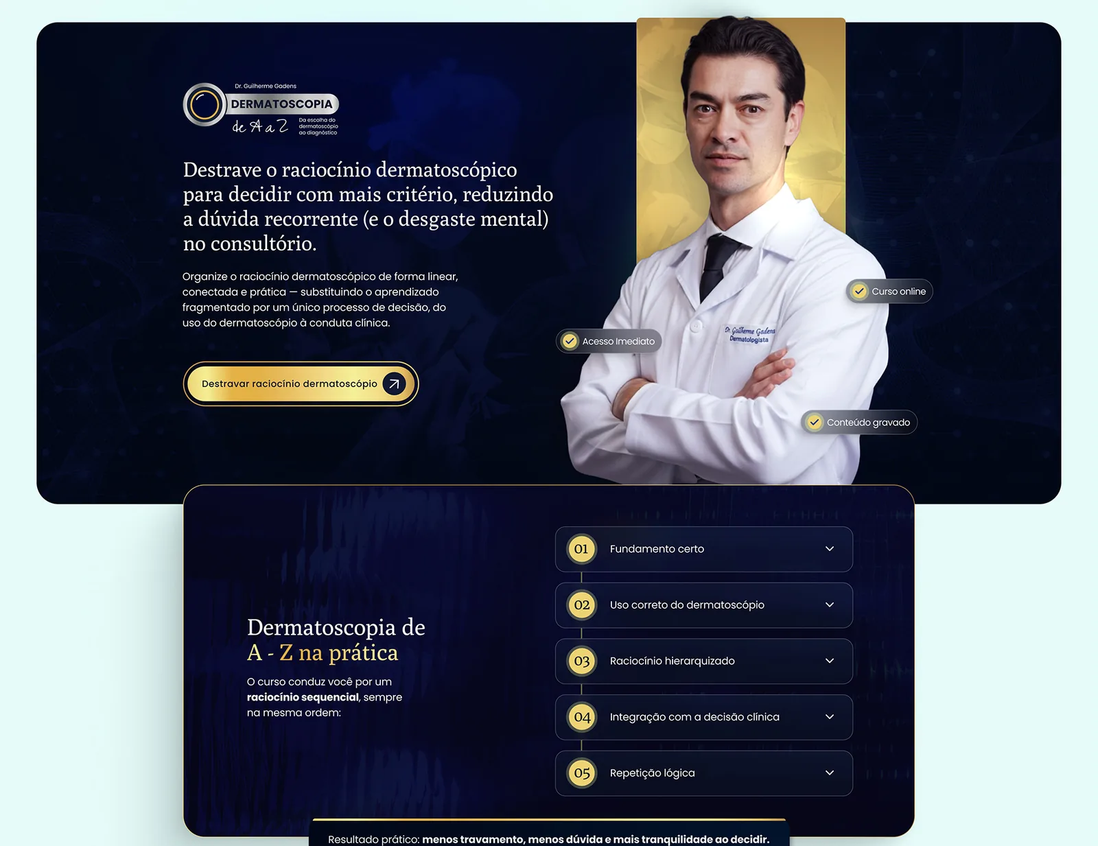 Dr. Guilherme Gadens: A primeira tela: a promessa do curso em uma frase e os cinco pilares do método.