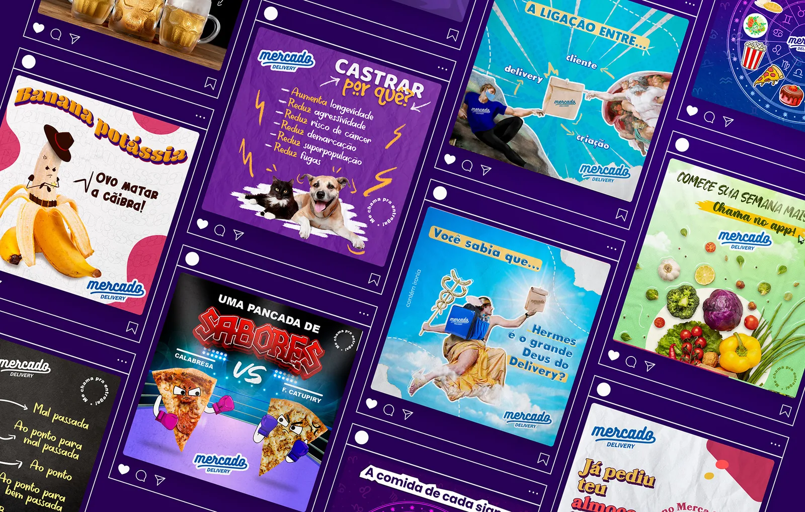 Mercado Delivery: O feed com a mesma linha: curiosidade, humor e o convite para pedir.