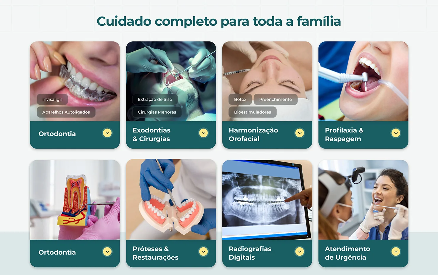 Risos Odontologia: Tratamentos em cards com foto, para achar o que precisa sem ler lista.