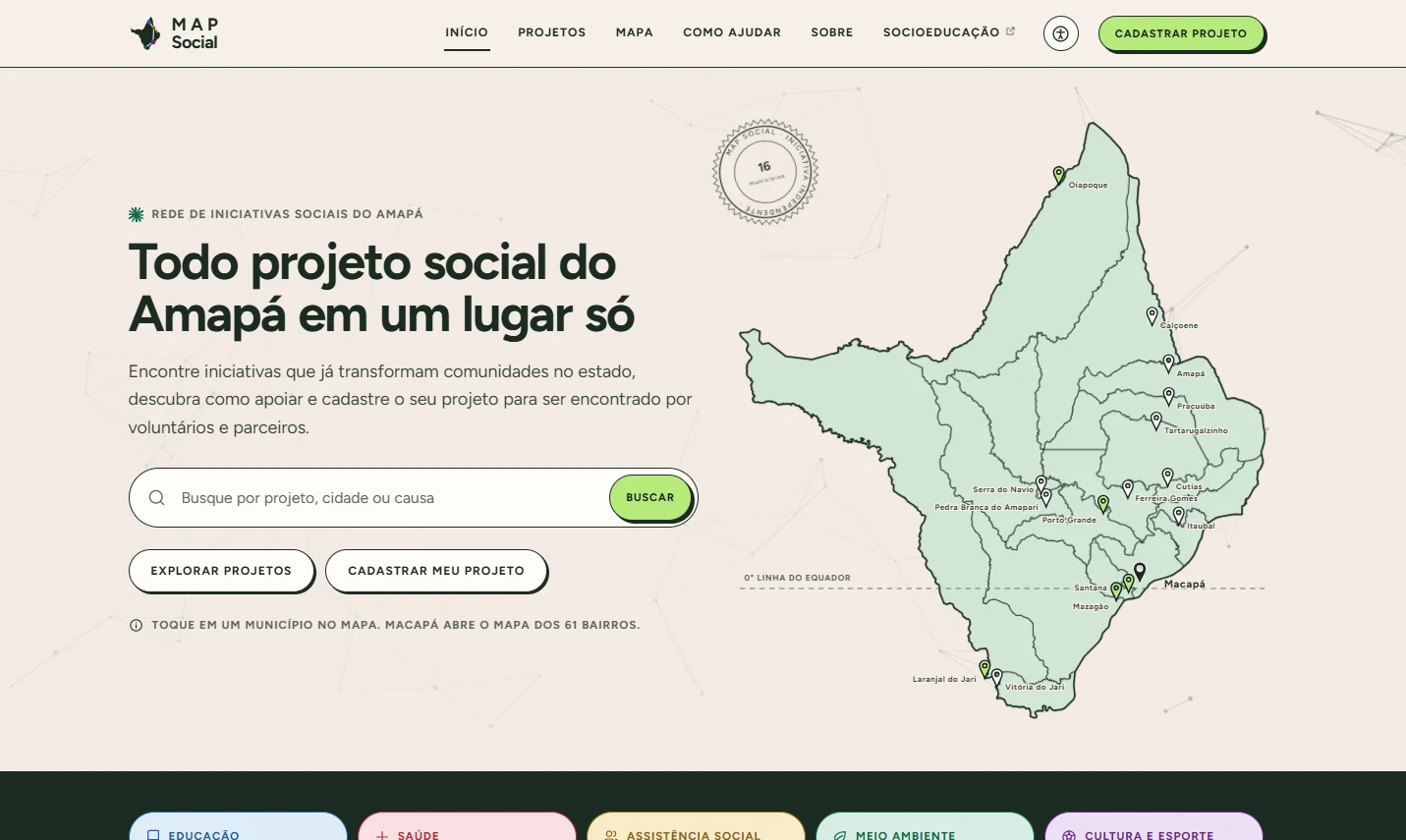 Map Social: A primeira tela já é o mapa do Amapá. Tocar em um município mostra os projetos de lá, e Macapá abre o mapa dos bairros.