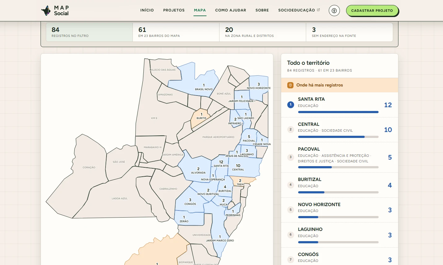 Map Social: Mapa da garantia de direitos: os registros de Macapá por bairro e onde há mais iniciativas.