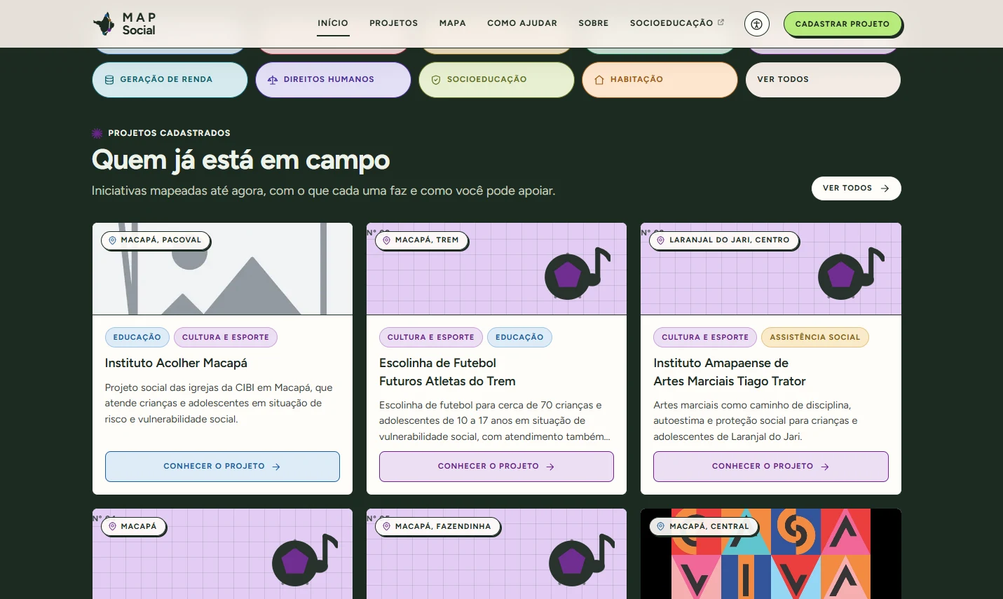 Map Social: Quem já está em campo: cada projeto com o bairro, as causas e um botão para conhecer.