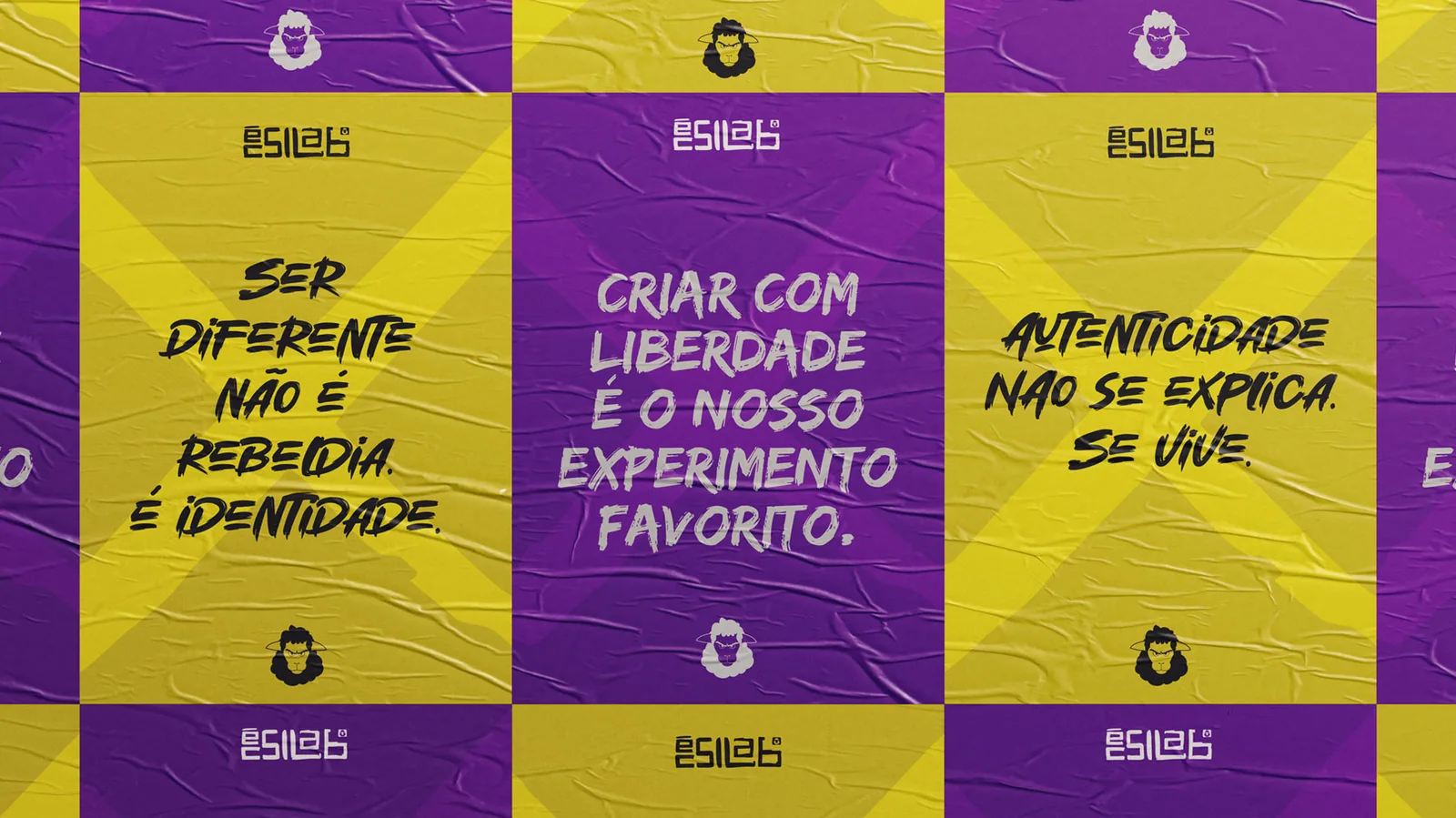X-Lab: Cartazes com as frases da marca no roxo e no amarelo.
